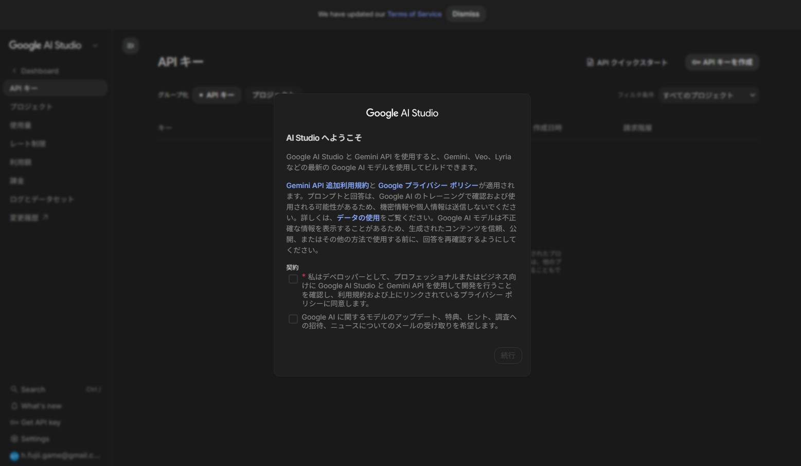 Google AI Studio 利用規約同意画面